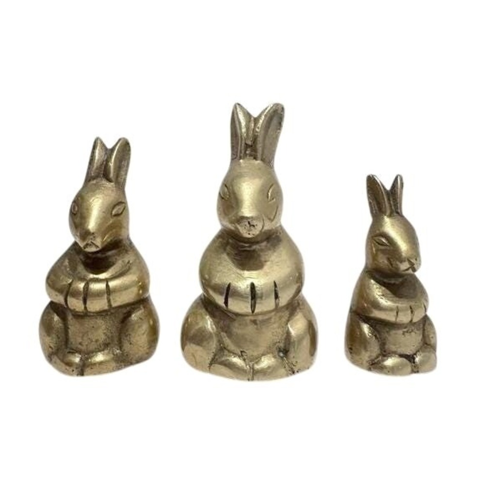 VTG MCM Bunny Figurines Solid Brass (3) Rabbit Cottage Country Tiny Trinkets